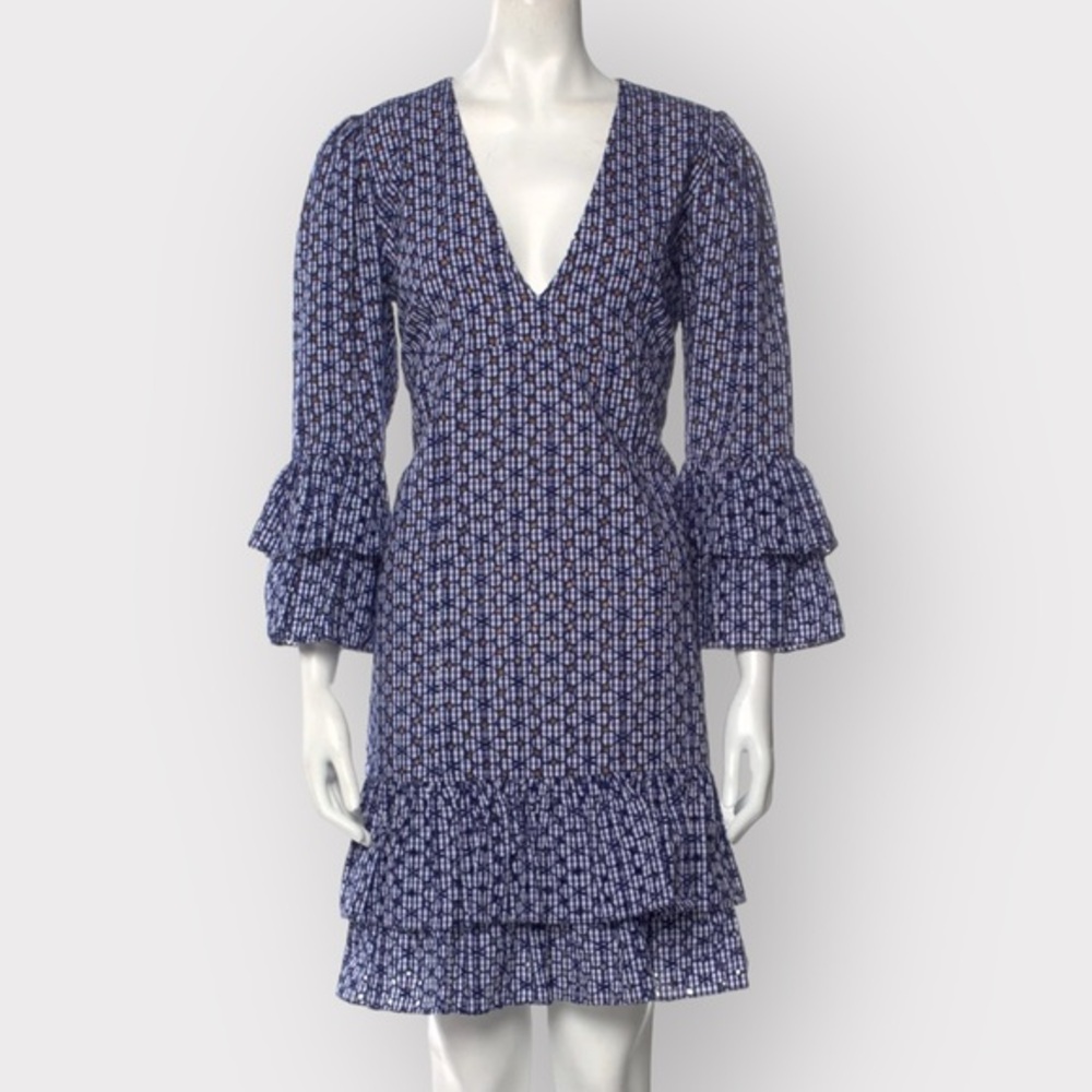 Retro 70s Michael Kors Collection Printed, Ruffle, Lace, Mini Dress